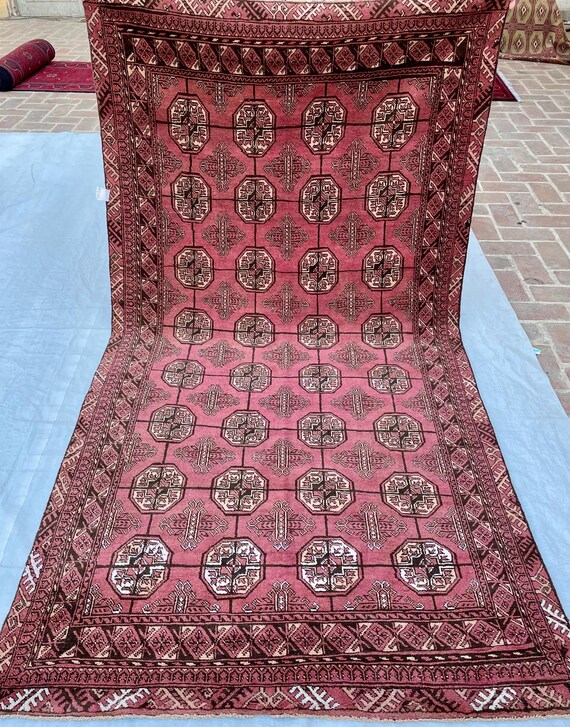 Vintage Afghan Tribal Rug, Pink Geometric Area Rug, Handwoven Oriental Rug, Boho Medallion Rug, Traditional Home Decor 8.4 x 4.7 Ft