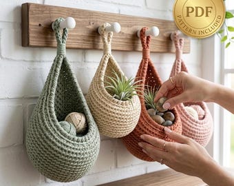 Patrón de cesta colgante de ganchillo, cesta de pared en forma de lágrima en PDF, organizador de almacenamiento, decoración bohemia para el hogar, patrón de ganchillo fácil