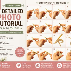 Puede incluir: Un documento digital titulado Detailed Photo Tutorial que presenta diecis&eacute;is pasos numerados para un proyecto de ganchillo. La gu&iacute;a incluye texto, iconos y una cuadr&iacute;cula de fotos que muestran manos usando un ganchillo dorado con hilo beige.