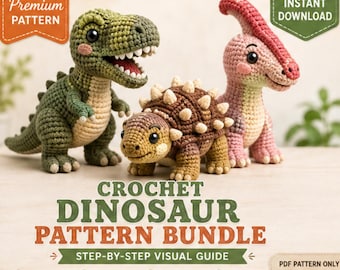 Patrón de amigurumi de dinosaurio a crochet en PDF, paquete de juguetes de peluche de dinosaurio de baja costura, tutorial de T-Rex y Triceratops, PDF de animales del zoológico, regalo para fumadores