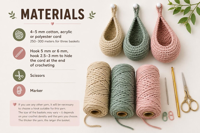 Puede incluir: Tres cestas colgantes de ganchillo en beige, verde salvia y rosa empolvado, acompa&ntilde;adas de bobinas de cordel a juego, un ganchillo dorado, una aguja, tijeras y dos marcadores de puntos. El texto enumera materiales como cordel de 4-5 mm.