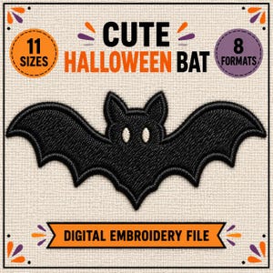 以下が含まれることがあります： 白い目をした黒いコウモリのデジタル刺繍ファイル。テキストには「CUTE HALLOWEEN BAT」、「11 SIZES」、「8 FORMATS」、「DIGITAL EMBROIDERY FILE」と書かれています。デザインはオレンジと紫のアクセントが付いた薄いベージュのテクスチャ背景に配置されています。