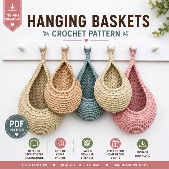 Crochet Hanging Basket Pattern PDF | Teardrop Wall Basket Crochet Pattern | Storage Basket | Home Decor | Instant Download | Farmhouse decor