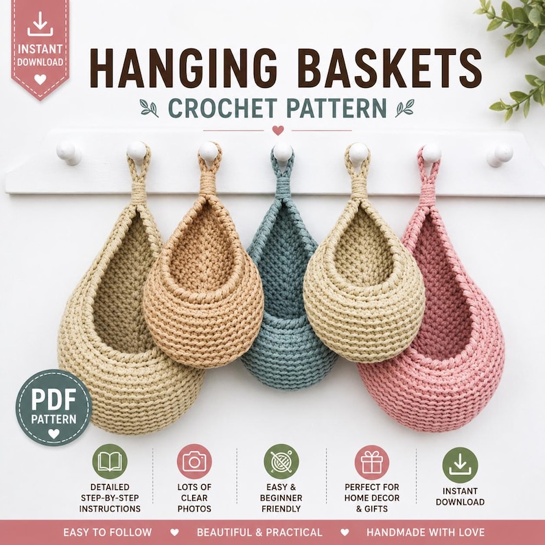 Hanging baskets crochet pattern PDF digital download featuring five handmade crochet wall hanging storage baskets in neutral, beige, blue, cream, and pink colors. Perfect for organizing toys, plants, craft supplies, keys, mail, and home essentials while adding farmhouse, boho, or modern home decor style. Includes detailed step-by-step instructions, clear photos, beginner-friendly guidance, printable PDF pattern, and instant download for Etsy.