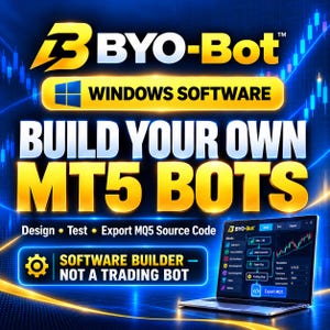 May include: A digital software product titled BYO-Bot for Windows, designed to build MT5 bots. The interface features text stating Build Your Own MT5 Bots, Design, Test, Export MQ5 Source Code, and Software Builder - Not A Trading Bot on a blue background.