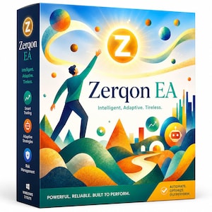 Könnte beinhalten: Eine rechteckige Produktverpackung für die Software Zerqon EA mit einer stilisierten Illustration einer Person, die nach einer leuchtenden Sonne mit einem Z greift. Das Design umfasst bunte abstrakte Hügel, Planeten und den Text Zerqon EA, Intelligent, Adaptive, Tireless sowie Powerful, Reliable, Built to Perform.