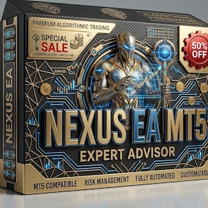May include: A black and gold rectangular box for Nexus EA MT5 Expert Advisor software. The front features a metallic robotic figure, a 50% off badge, and text including Premium Algorithmic Trading, MT5 Compatible, Risk Management, Fully Automated, and Customizable.