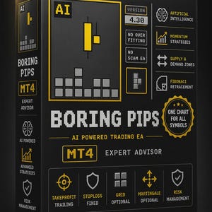 May include: A black rectangular box for Boring Pips MT4 Expert Advisor software. The front features yellow and white text, a candlestick chart graphic, and icons for artificial intelligence, momentum strategies, and risk management features.