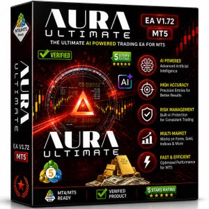 Könnte beinhalten: Eine schwarze Box für die Aura Ultimate EA V1.72 MT5 Software mit einem leuchtenden roten Dreieck, Goldbarren und US-Dollar-Scheinen. Das Design enthält Textbeschriftungen für KI-gestützte Funktionen, Genauigkeit und Risikomanagement.