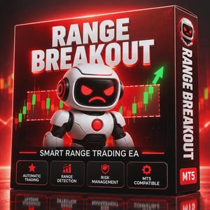 May include: A black rectangular box for Range Breakout Smart Range Trading EA software. The front features a white robot with red eyes, the text RANGE BREAKOUT, and four icons for automatic trading, range detection, risk management, and MT5 compatible.