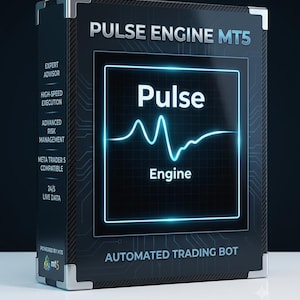 May include: A black rectangular software box labeled Pulse Engine MT5 with silver corner protectors. The front features a glowing blue heartbeat line graphic and the text Automated Trading Bot. The side lists features including Expert Advisor.