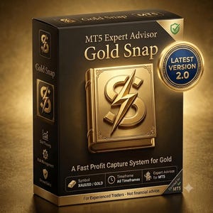 Puede incluir: Una caja de software rectangular negra para Gold Snap MT5 Expert Advisor. El frente presenta un icono de libro dorado con un signo de dólar y un rayo. El texto incluye "MT5 Expert Advisor", "Gold Snap", "LATEST VERSION 2.0" y "A Fast Profit Capture System for Gold".