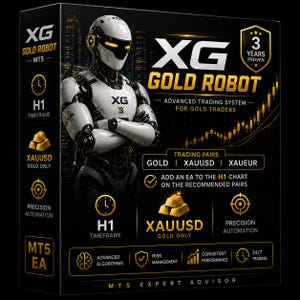 Peut inclure: Une boîte noire pour le système de trading XG Gold Robot MT5. Le devant présente un robot blanc aux yeux orange brillants, le texte doré XG Gold Robot, et des icônes pour le timeframe H1, XAUUSD et l'automatisation de précision sur fond noir.