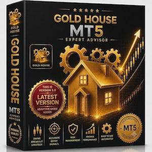 May include: A black rectangular box featuring gold graphics and text. The front displays a gold house, gears, and an upward-trending chart. Text includes GOLD HOUSE MT5 EXPERT ADVISOR, THIS IS VERSION 3.0 LATEST VERSION ADAPTIVE MODE ADDED, and icons.