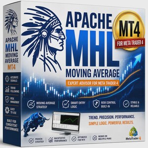 May include: A rectangular software box for Apache MHL Moving Average Expert Advisor for Meta Trader 4. The design features a blue and white color scheme, a graphic of a person in a headdress, a bull, a computer monitor, and text including MT4.