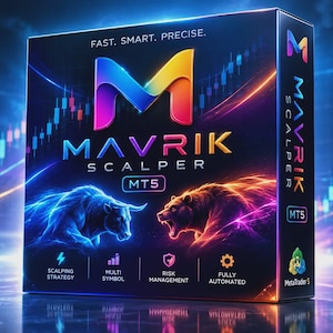 May include: A rectangular box for Mavrik Scalper MT5 software featuring a large colorful M logo, a blue bull, and a red bear. The text reads FAST. SMART. PRECISE. MAVRIK SCALPER MT5, SCALPING STRATEGY, MULTI SYMBOL, RISK MANAGEMENT, FULLY AUTOMATED, and MetaTrader 5.