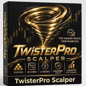 May include: A black rectangular box featuring a gold metallic tornado graphic and the text TwisterPro Scalper. The design includes icons for XAUUSD, no grid, 2 modes, propfirm ready, and 4 months live signal, with timeframe M15 specified.