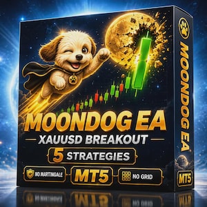 May include: A black rectangular box featuring a cartoon puppy wearing a cape, flying towards a glowing moon and a green candlestick chart. The text reads MOONDOG EA, XAUUSD BREAKOUT, 5 STRATEGIES, NO MARTINGALE, MT5, and NO GRID in gold lettering.