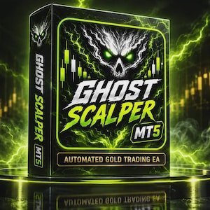 May include: A rectangular black box labeled Ghost Scalper MT5 Automated Gold Trading EA, featuring a white skull graphic with green lightning effects, set against a dark background with glowing green energy and yellow candlestick chart patterns.