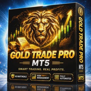 May include: A black rectangular software box labeled Gold Trade Pro MT5 with a gold lion head graphic, gold bars, and upward trending green and red candlestick charts. The text reads Smart Trading. Real Profits. with icons for No Martingale, Risk Management, and Fully Automated.