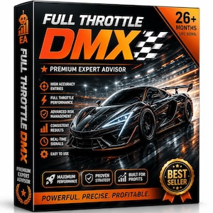 May include: A rectangular product box for Full Throttle DMX Premium Expert Advisor software. The black packaging features a sleek black sports car, orange text, a checkered flag icon, and a gold Best Seller badge. Text includes 26+ Months Live Signal.