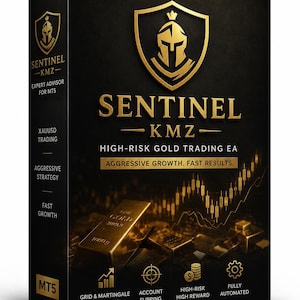 May include: A black rectangular box for Sentinel KMZ expert advisor software. The front features a gold Spartan helmet logo, the text 'SENTINEL KMZ', 'HIGH-RISK GOLD TRADING EA', 'AGGRESSIVE GROWTH. FAST RESULTS.', gold bars, and a stock chart.
