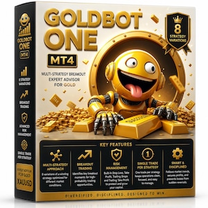 May include: A rectangular product box for Goldbot One MT4, featuring a yellow robot character with a wide grin, surrounded by gold bars and coins. The text includes 'Goldbot One MT4', 'Multi-Strategy Breakout Expert Advisor for Gold', and '8 Strategy Variations'.