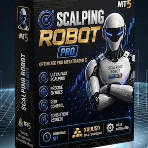 Puede incluir: Una caja de software rectangular negra para Scalping Robot Pro, optimizada para MetaTrader 5. El frente presenta una figura robótica blanca, el texto Scalping Robot Pro e iconos para scalping ultra rápido, entradas precisas y control de riesgos.