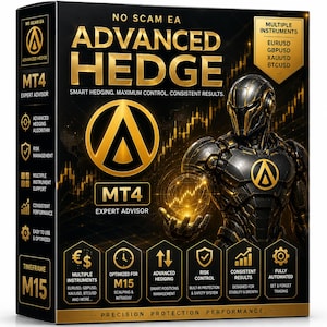 May include: A black and gold rectangular box for the No Scam EA Advanced Hedge MT4 Expert Advisor. The front features a robotic figure, a glowing circular logo, and text detailing features like multiple instruments, M15 timeframe, and risk control.