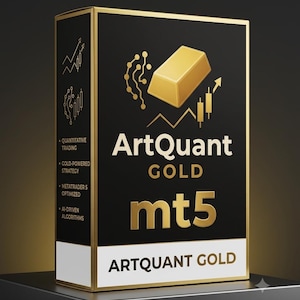 以下が含まれることがあります： 金色の縁取りが施された黒い長方形の箱で、ArtQuant GOLD mt5という文字が記されています。前面には金の延べ棒のアイコン、回路図の線、上昇する株価チャートが表示されています。側面にはクオンツ取引、ゴールド戦略、AIアルゴリズムが記載されています。
