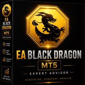 Könnte beinhalten: Eine schwarze rechteckige Box mit dem goldenen Text EA BLACK DRAGON MT5 EXPERT ADVISOR. Ein zentrales goldenes Achteck enthält die Silhouette eines schwarzen Drachen. Seitenpaneele zeigen Symbole für präzise Einträge und konsistente Ergebnisse.
