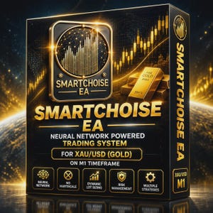 Puede incluir: Una caja rectangular negra para el sistema de trading Smartchoise EA. El frente presenta texto dorado, un gráfico de lingote de oro y un gráfico. El texto incluye: Smartchoise EA, Neural Network Powered Trading System, For XAU/USD (Gold), On M1 Timeframe.