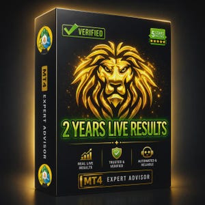 May include: A black rectangular software box featuring a gold lion head graphic, the text 2 YEARS LIVE RESULTS, and MT4 EXPERT ADVISOR. It includes icons for verified status, a 5-star rating, real live results, and automated reliability.