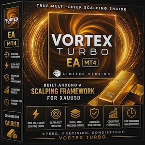 May include: A black rectangular box for Vortex Turbo EA MT4 software featuring gold text and graphics. The design includes a swirling gold vortex, three gold bars labeled Fine Gold 999.9, and icons representing scalping framework, execution, risk management, and performance metrics.