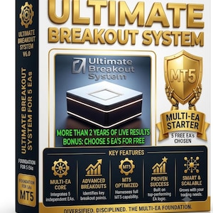 Könnte beinhalten: Eine weiß-schwarze Produktverpackung für das Ultimate Breakout System V6.0. Die Vorderseite zeigt ein goldenes Schild-Logo mit MT5-Text, eine Grafik eines schwarzen quadratischen Geräts und Text mit Hauptmerkmalen wie Multi-EA Core.
