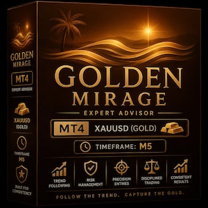 May include: A black box featuring gold text and graphics. The front displays the title Golden Mirage Expert Advisor, MT4, XAUUSD (Gold), and Timeframe: M5. Icons represent trend following, risk management, precision entries, and consistent results.