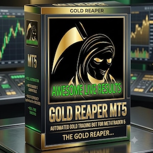 Puede incluir: Una caja rectangular negra y dorada para el software Gold Reaper MT5. El frente presenta un gráfico de una parca, el texto Awesome Live Results, Gold Reaper MT5 y The Gold Reaper. El lado enumera características como la automatización completa.