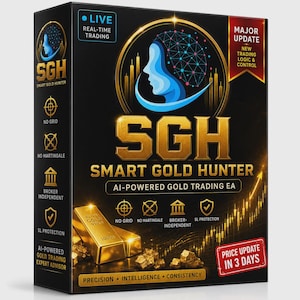 Puede incluir: Una caja rectangular negra para el software de trading de oro Smart Gold Hunter. El frente presenta una silueta de perfil dorada, texto dorado y lingotes de oro. El texto incluye "LIVE REAL-TIME TRADING" y "PRICE UPDATE IN 3 DAYS."