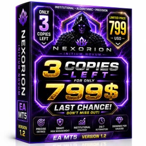 Puede incluir: Una caja de producto rectangular para el software Nexorion Initium Novum EA MT5. El diseño presenta un fondo morado oscuro con efectos de rayos, una figura encapuchada y texto que indica 3 copias restantes por 799 USD y última oportunidad.