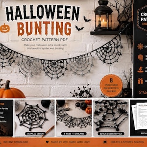 May include: A digital PDF crochet pattern for Halloween bunting featuring eight black and silver spider web motifs. The document includes step-by-step instructions for creating the garland, with visual examples of the web design and printed pages.