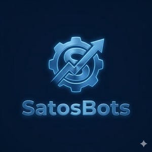Puede incluir: Un logotipo azul metálico que presenta una letra S estilizada centrada dentro de un icono de engranaje, con una flecha que apunta hacia arriba cruzando el centro. El texto SatosBots aparece en una fuente sans-serif negrita bajo el gráfico.