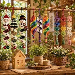 May include: A collection of hanging crochet ornaments including Santa, a Christmas tree, and a snowman, followed by spiral rainbow, white, and heart-shaped designs with tassels, suspended from a wooden branch above potted plants and a wooden house.