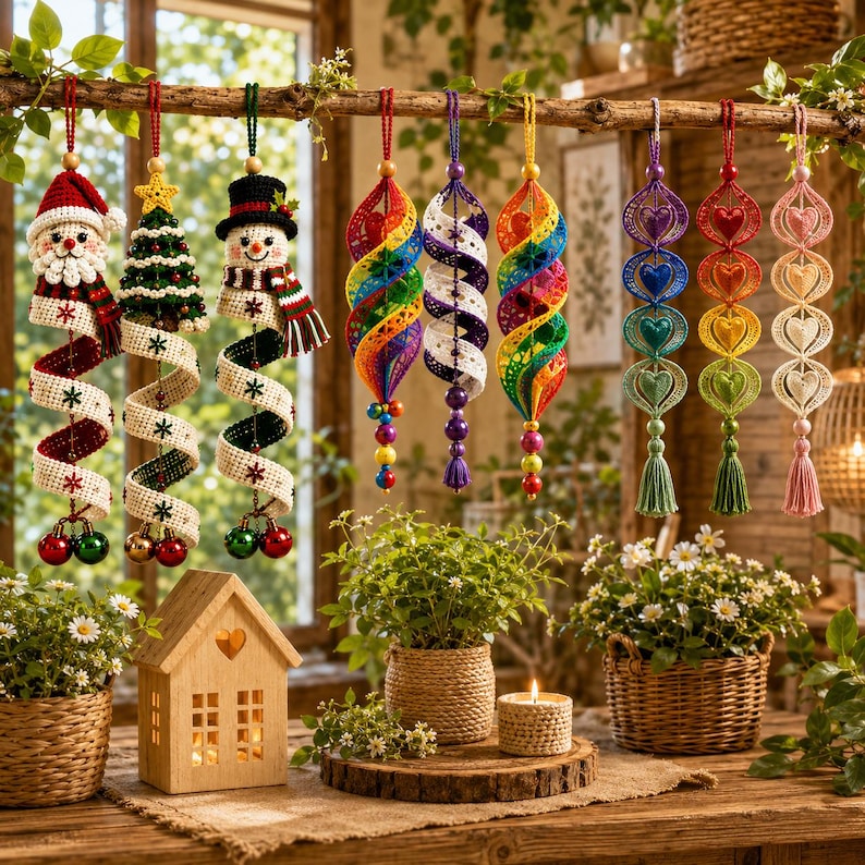 May include: A collection of hanging crochet ornaments including Santa, a Christmas tree, and a snowman, followed by spiral rainbow, white, and heart-shaped designs with tassels, suspended from a wooden branch above potted plants and a wooden house.