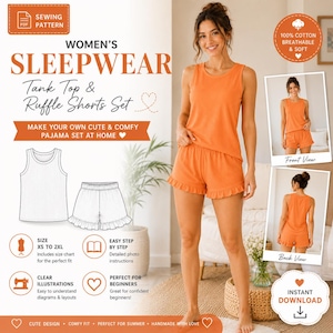 Women's Pajama Sewing Pattern, Tank Top Ruffle Shorts Set (PDF Download)