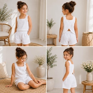 May include: A white two-piece set consisting of a sleeveless tank top and matching shorts. The top features a square neckline and a split back design, while the shorts have an elasticised waistband and side pockets, made of a textured fabric.