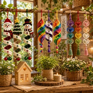 May include: A collection of hanging crochet ornaments including Santa, a Christmas tree, and a snowman, followed by spiral rainbow, white, and heart-shaped designs with tassels, suspended from a wooden branch above potted plants and a wooden house.