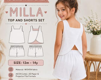 May include: A PDF sewing pattern for a Milla top and shorts set for kids, size 12m to 14y. The image displays technical line drawings of a sleeveless top and elastic-waist shorts, alongside text detailing woven fabric and file formats.