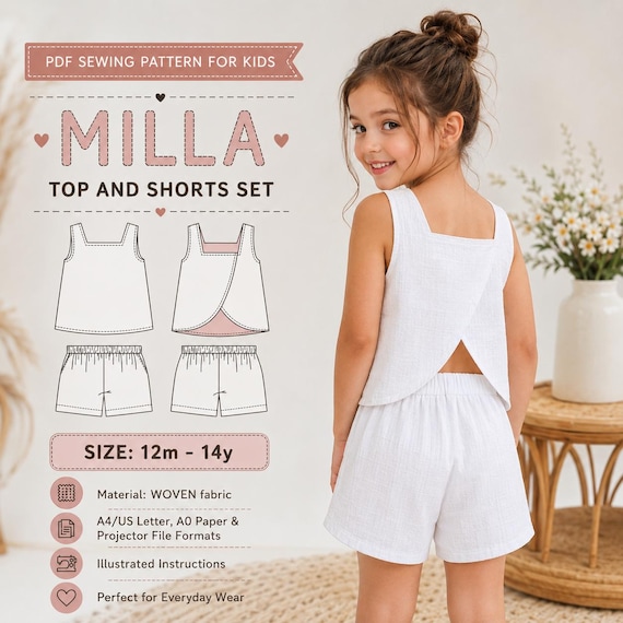 Milla Top and Shorts Set Sewing Pattern | Beginner Kids Clothing PDF | Easy Matching Summer Set Pattern, Sizes 2T to 14 Years