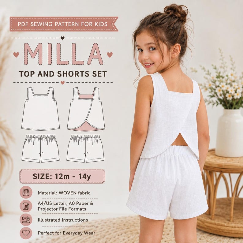 May include: A PDF sewing pattern for a Milla top and shorts set for kids, size 12m to 14y. The image displays technical line drawings of a sleeveless top and elastic-waist shorts, alongside text detailing woven fabric and file formats.