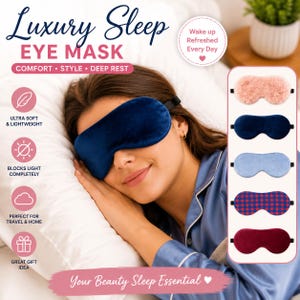 May include: A navy blue velvet sleep eye mask with an adjustable strap. The image displays text including Luxury Sleep Eye Mask, Comfort, Style, Deep Rest, Ultra Soft & Lightweight, Blocks Light Completely, Perfect for Travel & Home, and Great Gift Idea.